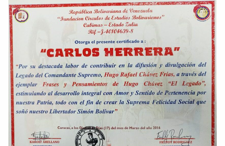 Libro de Chávez Frases y Pensamientos “El Legado” recibió reconocimiento de la Fundación Círculos de Estudios Bolivarianos Cabimas