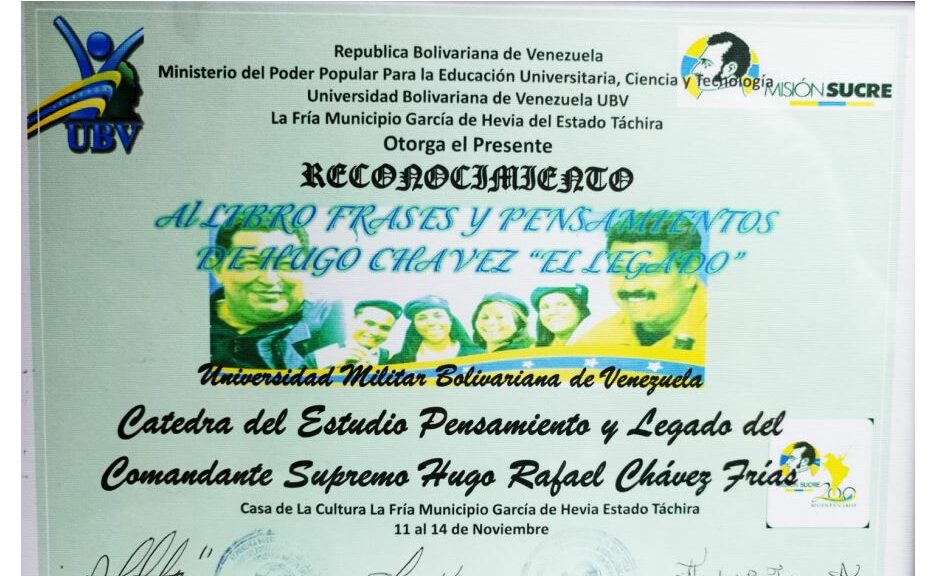 Libro de Chávez Frases y Pensamientos “El Legado” recibió reconocimiento Universidad Bolivariana de Venezuela (UBV) sede de La Fría
