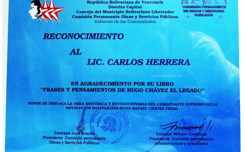 Libro de Chávez Frases y Pensamientos “El Legado” recibió reconocimiento Comisión Permanente Obras y Servicios Públicos del Concejo del Municipio Bolivariano
