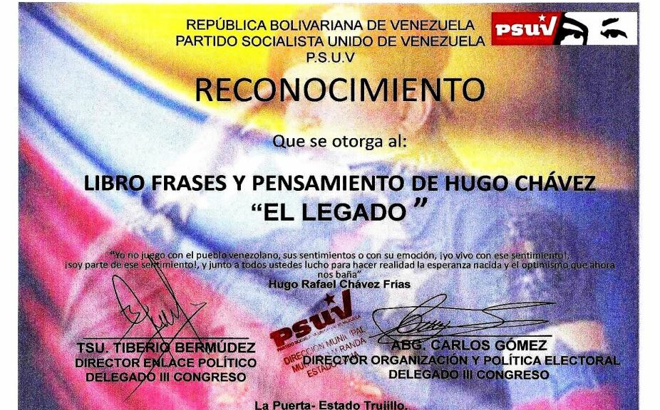 Libro de Chávez Frases y Pensamientos “El Legado” recibió reconocimiento de la dirección municipal del Psuv en La Puerta estado Trujillo