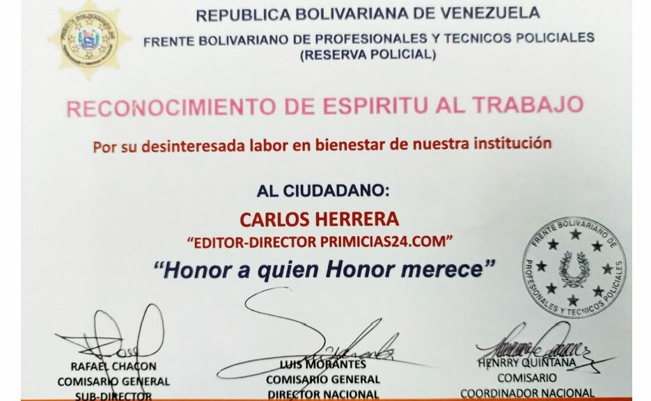 Libro de Chávez Frases y Pensamientos “El Legado” recibió reconocimiento del Frente Bolivariano de Profesionales y Técnicos Policiales