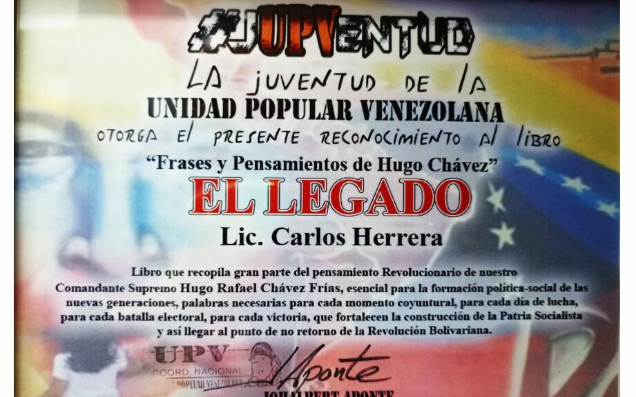 Libro de Chávez Frases y Pensamientos “El Legado” recibió reconocimiento de la Juventud de la Unidad Popular Venezolana