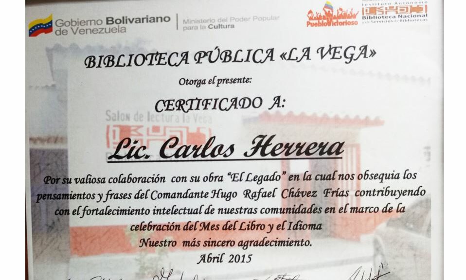 Libro de Chávez Frases y Pensamientos “El Legado” recibió reconocimiento de la Biblioteca Pública La Vega