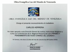 Libro de Chávez Frases y Pensamientos “El Legado” recibió reconocimiento de la Obra Evangélica Luz del Mundo de Venezuela