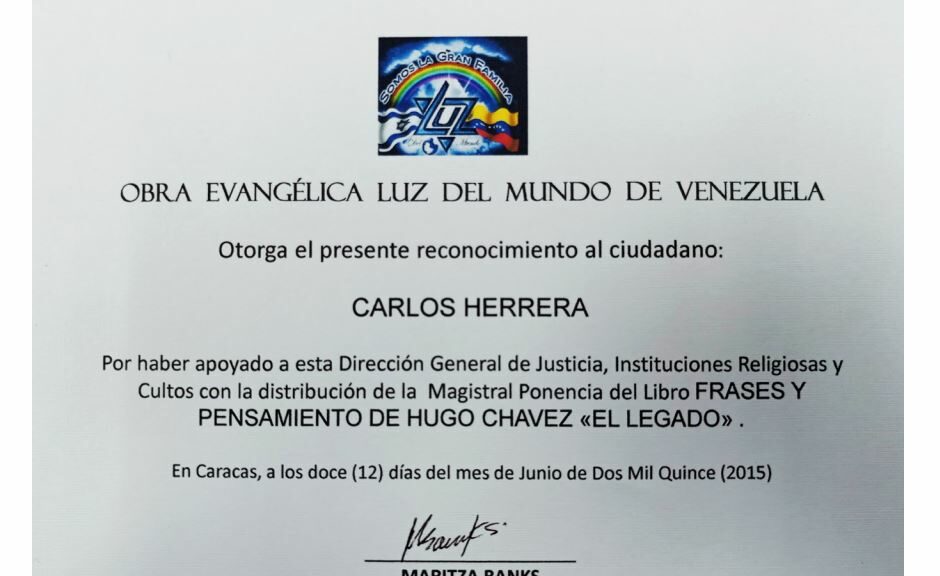 Libro de Chávez Frases y Pensamientos “El Legado” recibió reconocimiento de la Obra Evangélica Luz del Mundo de Venezuela
