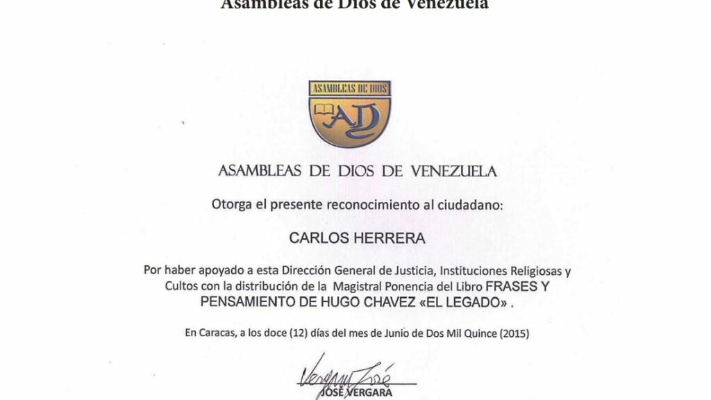 Libro de Chávez Frases y Pensamientos “El Legado” recibió reconocimiento de las Asambleas de Dios de Venezuela