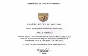 Libro de Chávez Frases y Pensamientos “El Legado” recibió reconocimiento de las Asambleas de Dios de Venezuela