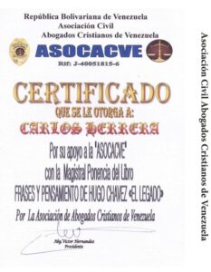 Libro de Chávez Frases y Pensamientos “El Legado” recibió reconocimiento de la Asociación Civil Abogados Cristianos de Venezuela