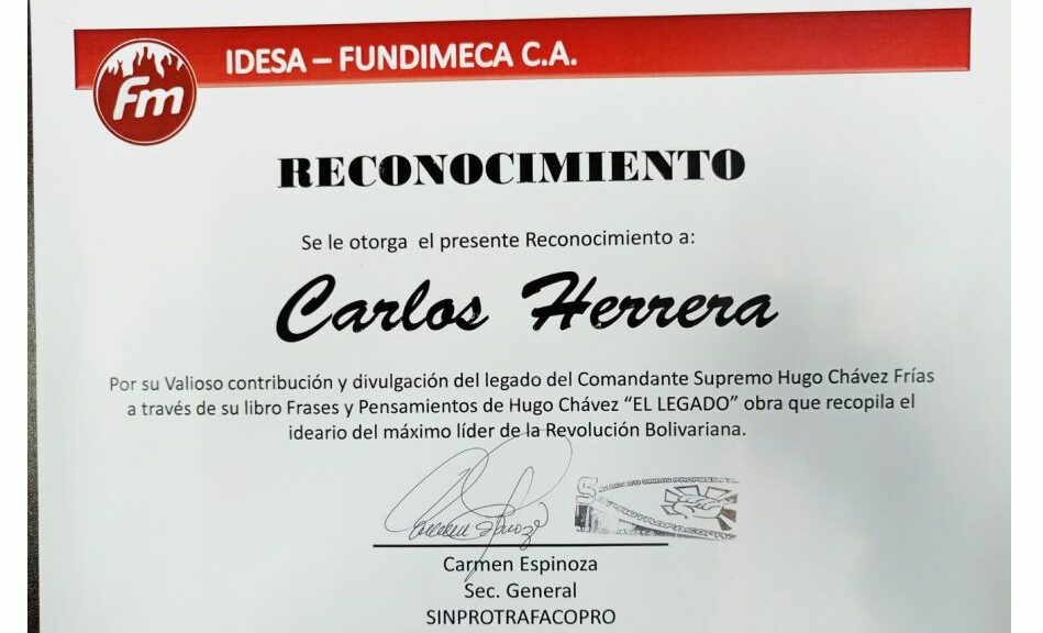 Libro de Chávez Frases y Pensamientos “El Legado” recibió reconocimiento del sindicato de trabajadores de Idesa Fundimeca