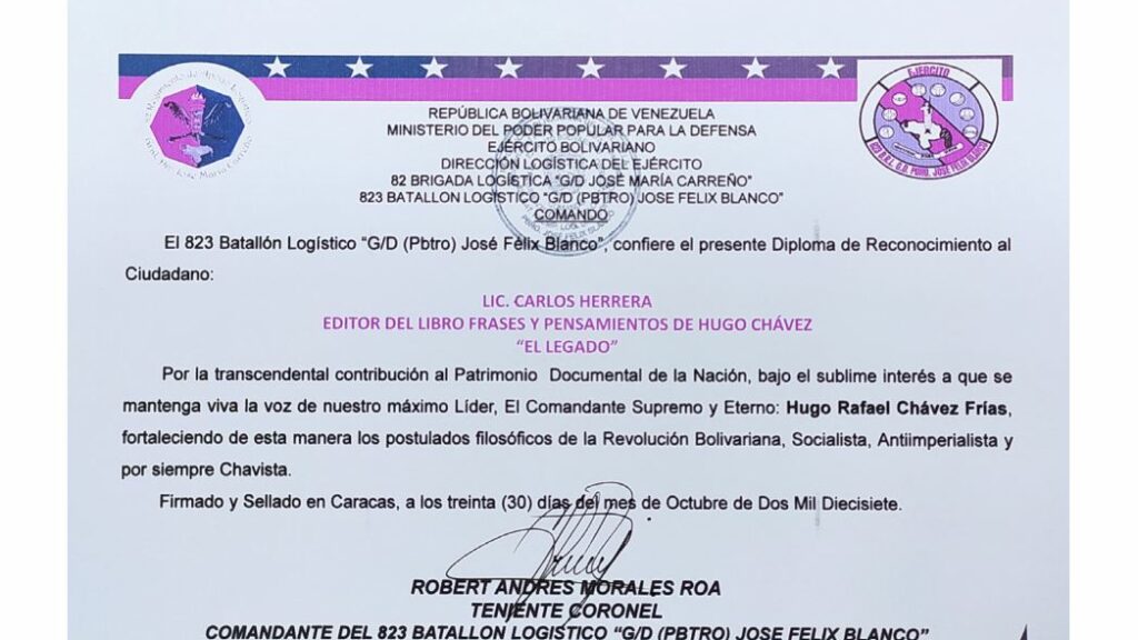 Libro de Chávez Frases y Pensamientos “El Legado” recibió reconocimiento del 823 Batallón Logístico G/D José Félix Blanco