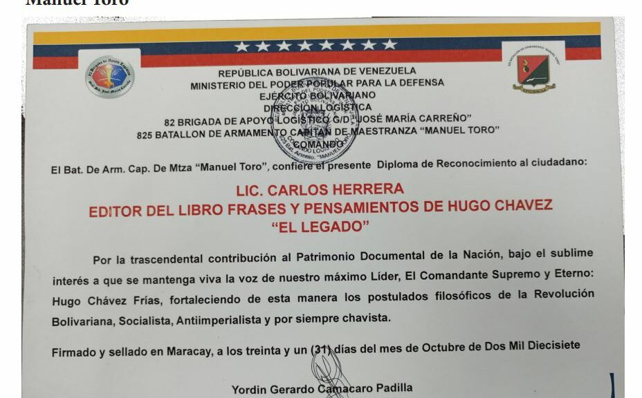 Libro de Chávez Frases y Pensamientos “El Legado” recibió reconocimiento del 825 Batallón de Armamento Capitán de Maestranza “Manuel Toro”