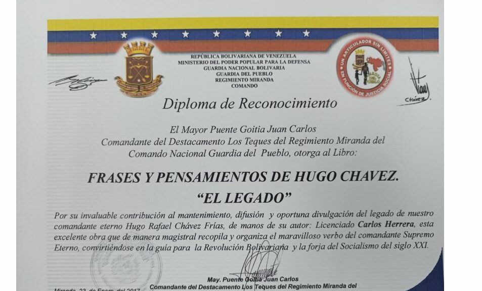 Libro de Chávez Frases y Pensamientos “El Legado” recibió reconocimiento del Destacamento Los Teques Regimiento Miranda