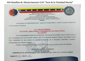 Libro de Chávez Frases y Pensamientos “El Legado” recibió reconocimiento del 826 Batallón de Abastecimiento G/D. “José de la Trinidad Morán”