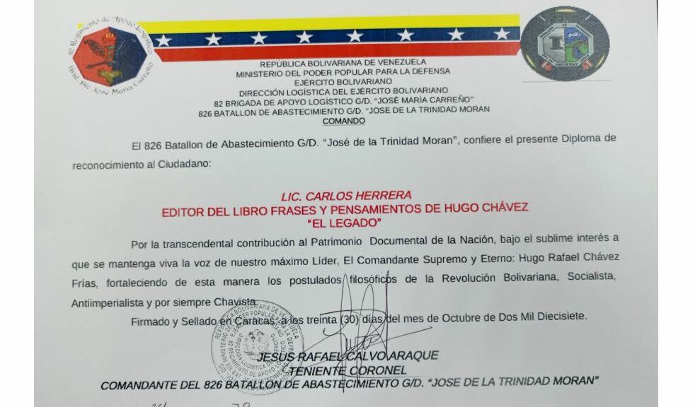 Libro de Chávez Frases y Pensamientos “El Legado” recibió reconocimiento del 826 Batallón de Abastecimiento G/D. “José de la Trinidad Morán”