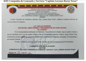 Libro de Chávez Frases y Pensamientos “El Legado” recibió reconocimiento de la 8201 Compañía de Comando y Servicio “Capitán Lorenzo Buroz Tovar”