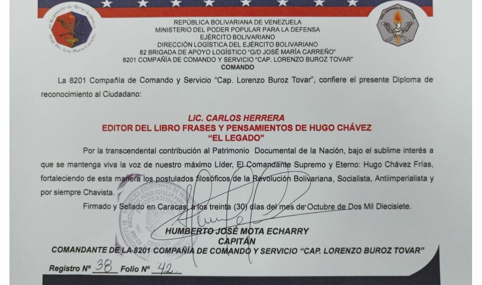 Libro de Chávez Frases y Pensamientos “El Legado” recibió reconocimiento de la 8201 Compañía de Comando y Servicio “Capitán Lorenzo Buroz Tovar”