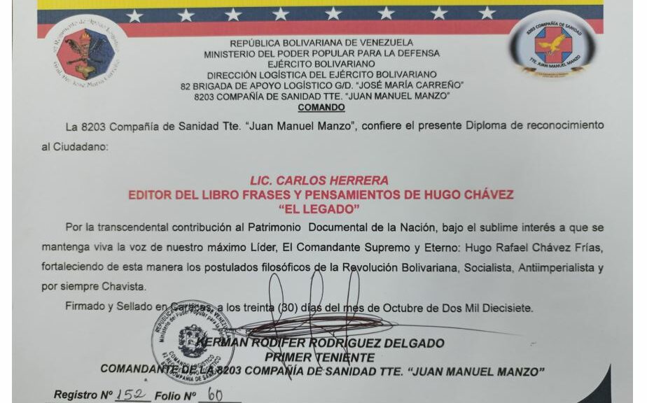 Libro de Chávez Frases y Pensamientos “El Legado” recibió reconocimiento de la 8203 Compañía de Sanidad Teniente “Juan Manuel Manzo”