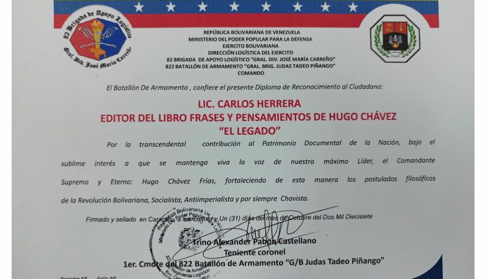 Libro de Chávez Frases y Pensamientos “El Legado” recibió reconocimiento del 822 Batallón de Armamento “General Brigada Judas Tadeo Piñango”