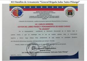 Libro de Chávez Frases y Pensamientos “El Legado” recibió reconocimiento del 822 Batallón de Armamento “General Brigada Judas Tadeo Piñango”