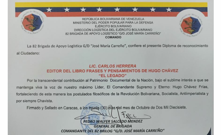 Libro de Chávez Frases y Pensamientos “El Legado” recibió reconocimiento de la 82 Brigada de Apoyo Logístico G/D “José María Carreño”