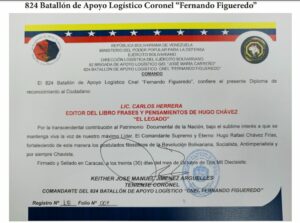 Libro de Chávez Frases y Pensamientos “El Legado” recibió reconocimiento del 824 Batallón de Apoyo Logístico Coronel “Fernando Figueredo”