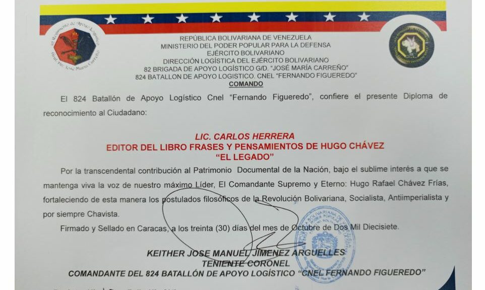 Libro de Chávez Frases y Pensamientos “El Legado” recibió reconocimiento del 824 Batallón de Apoyo Logístico Coronel “Fernando Figueredo”