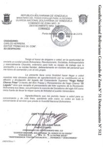 Libro de Chávez Frases y Pensamientos “El Legado” recibió reconocimiento de la Guardia Nacional Bolivariana Comando de Zona N° 51 Destacamento N° 512