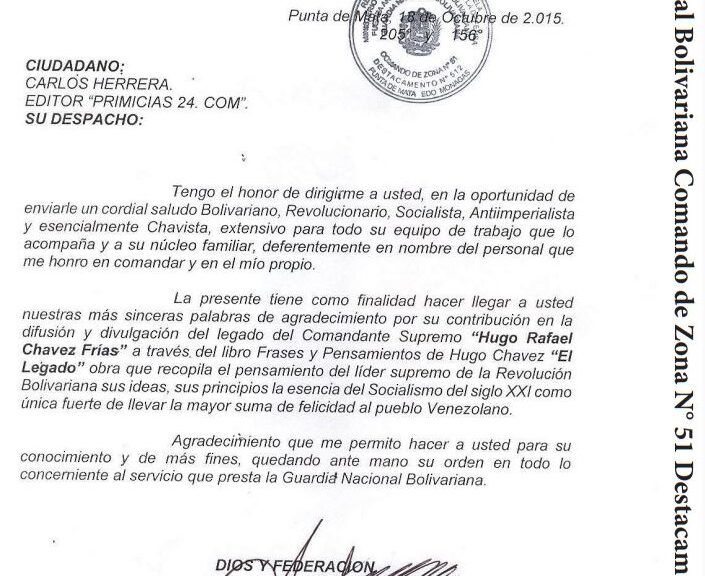 Libro de Chávez Frases y Pensamientos “El Legado” recibió reconocimiento de la Guardia Nacional Bolivariana Comando de Zona N° 51 Destacamento N° 512