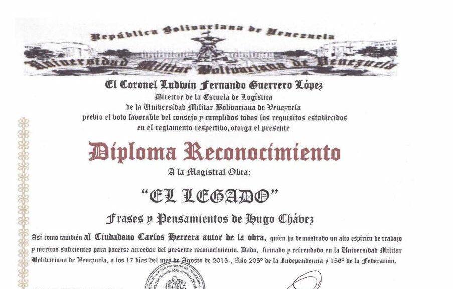 Libro de Chávez Frases y Pensamientos “El Legado” recibió reconocimiento de la Escuela de Logística de la Universidad Militar Bolivariana de Venezuela