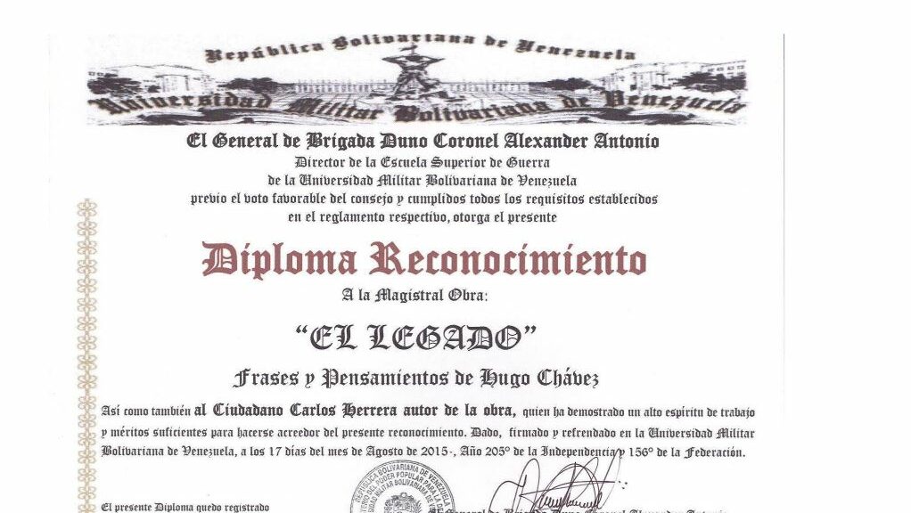 Libro de Chávez Frases y Pensamientos “El Legado” recibió reconocimiento de la Escuela Superior de Guerra de la Universidad Militar Bolivariana de Venezuela