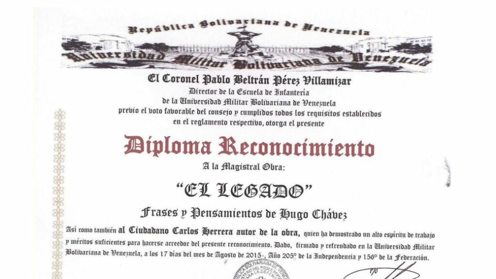 Libro de Chávez Frases y Pensamientos “El Legado” recibió reconocimiento de la Escuela de Infantería de la Universidad Militar Bolivariana de Venezuela