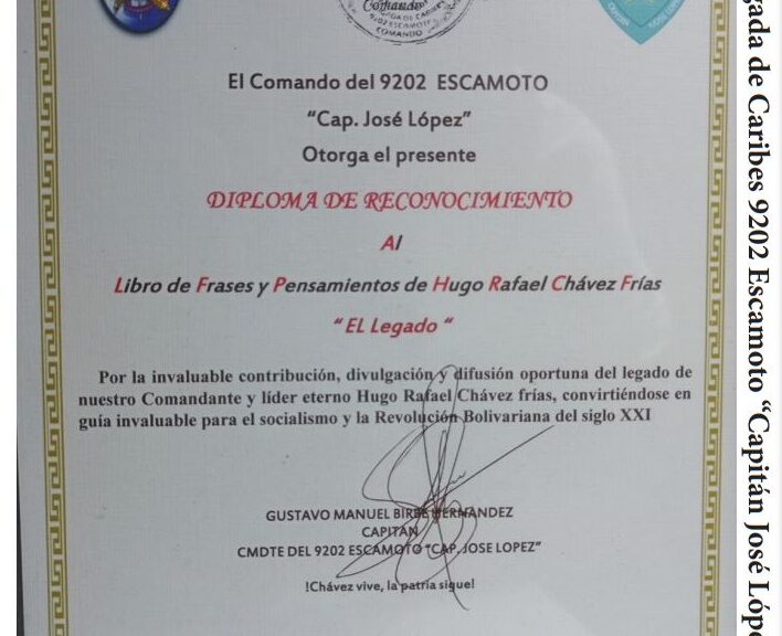 Libro de Chávez Frases y Pensamientos “El Legado” recibió reconocimiento de la 92 Brigada de Caribes 9202 Escamoto “Capitán José López”
