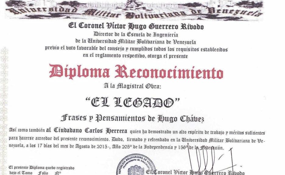Libro de Chávez Frases y Pensamientos “El Legado” recibió reconocimiento de la Escuela de Ingeniería de la Universidad Militar Bolivariana de Venezuela