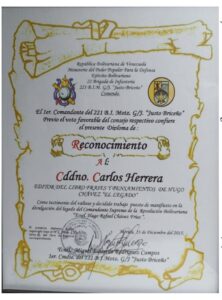 Libro de Chávez Frases y Pensamientos “El Legado” recibió reconocimiento de la 22 Brigada de Infantería 221 B.I.M GJ “Justo Briceño” del Ejército Bolivariano