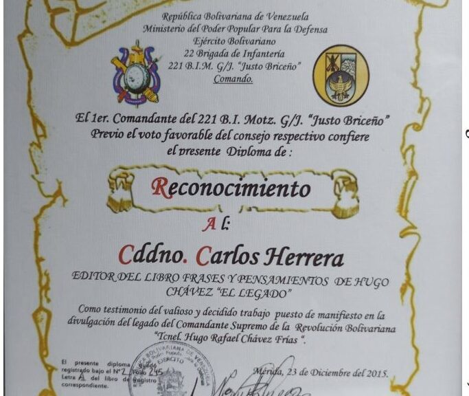 Libro de Chávez Frases y Pensamientos “El Legado” recibió reconocimiento de la 22 Brigada de Infantería 221 B.I.M GJ “Justo Briceño” del Ejército Bolivariano