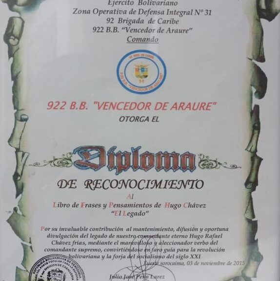 Libro de Chávez Frases y Pensamientos “El Legado” recibió reconocimiento de la Zona Operativa de Defensa Integral N° 31 922 B.B “Vencedor Araure”