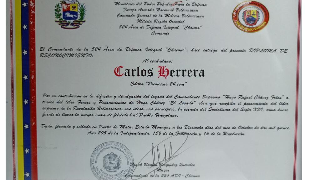 Libro de Chávez Frases y Pensamientos “El Legado” recibió reconocimiento de la Milicia Región Oriental 524 Área de Defensa Integral “Chaima”