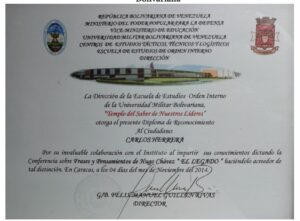 Libro de Chávez Frases y Pensamientos “El Legado” recibió reconocimiento de la Dirección de la Escuela de Estudios Orden Interno de la Universidad Militar Bolivariana