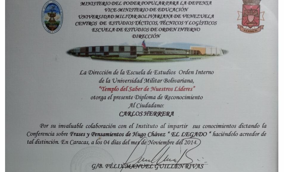 Libro de Chávez Frases y Pensamientos “El Legado” recibió reconocimiento de la Dirección de la Escuela de Estudios Orden Interno de la Universidad Militar Bolivariana