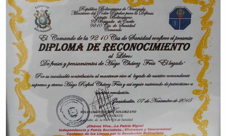 Libro de Chávez Frases y Pensamientos “El Legado” recibió reconocimiento de la 9210 Compañía de Sanidad del Ejército Bolivariano