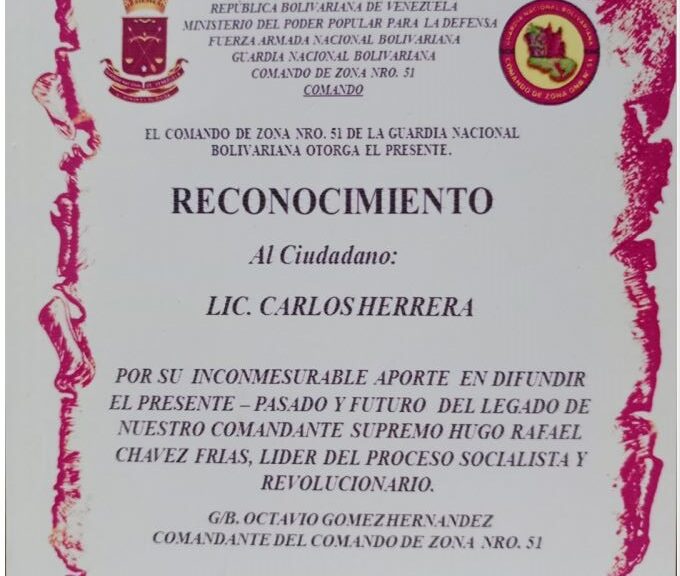 Libro de Chávez Frases y Pensamientos “El Legado” recibió reconocimiento Comando Zona N° 51 de la Guardia Nacional Bolivariana