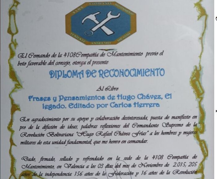 Libro de Chávez Frases y Pensamientos “El Legado” recibió reconocimiento de la 4108 Compañía de Mantenimiento del Ejército Bolivariano