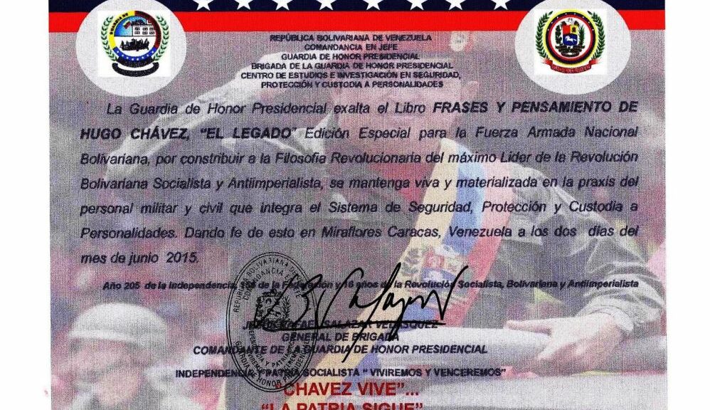 Libro de Chávez Frases y Pensamientos “El Legado” recibió reconocimiento del Centro de Estudios e Investigación en Seguridad, Protección y Custodia a Personalidades